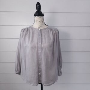 Zara XS Gray LinenCotton Balloon Sleeve Relaxed Fit Flowy Button Up Top